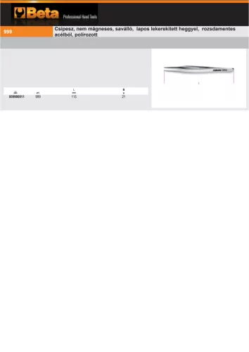 Beta 999 Csipesz, nem mágneses, saválló, lapos lekerekített heggyel, rozsdamentes acélból, polírozott 115mm