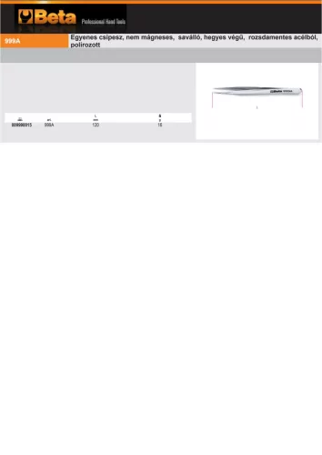 Beta 999A 120 Egyenes csipesz, nem mágneses, saválló, hegyes végű, rozsdamentes acélból, polírozott 120mm