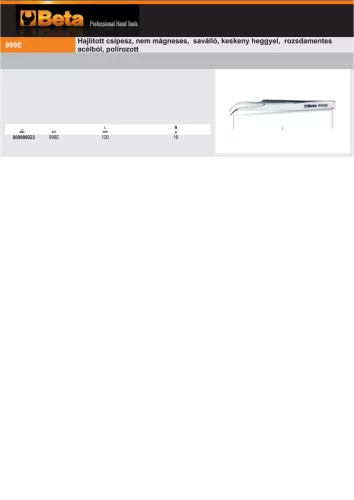 Beta 999E Hajlított csipesz, nem mágneses, saválló, keskeny heggyel, rozsdamentes acélból, polírozott 120mm
