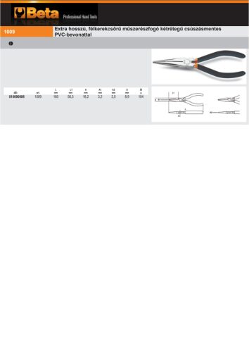 Beta 1009 160 Extra hosszú, félkerekcsőrű műszerészfogó kétrétegű csúszásmentes PVC-bevonattal 160mm