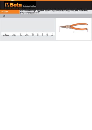 Beta 1032BA 200 Egyenes belső Seeger-fogó, furatokhoz PVC bevonatú nyéllel 200mm szikramentes