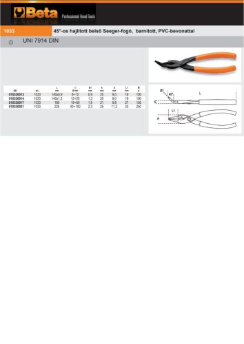 Beta 1033 140X13 45°-os hajlított belső Seeger-fogó, barnított, PVC-bevonattal 140x1,3mm