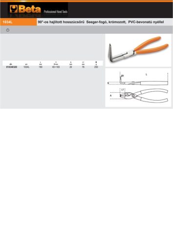 Beta 1034L 90°-os hajlított hosszúcsőrű Seeger-fogó, krómozott, PVC-bevonatú nyéllel 190mm