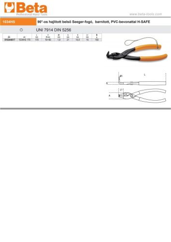 Beta 1034HS 90°-os hajlított belső Seeger-fogó, barnított, PVC-bevonattal 170mm