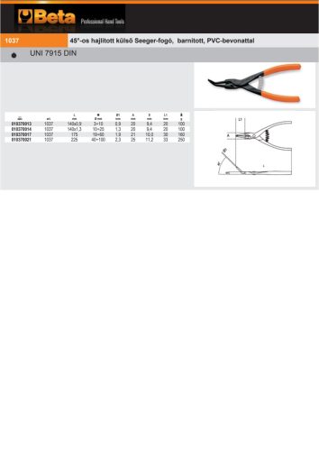 Beta 1037 140X13 45°-os hajlított külső Seeger-fogó, barnított, PVC-bevonattal 140x1,3mm