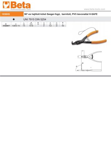 Beta 1038HS 90°-os hajlított külső Seeger-fogó, barnított, PVC-bevonattal 175mm