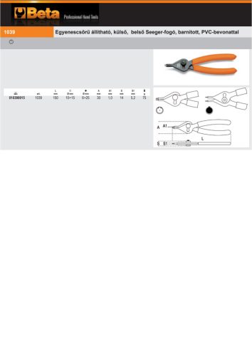 Beta 1039 150 Egyenescsőrű állítható, külső, belső Seeger-fogó, barnított, PVC-bevonattal 150mm