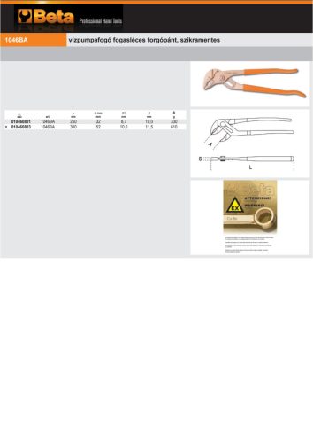 Beta 1046BA Vízpumpafogó fogasléces forgópánt, szikramentes 300mm
