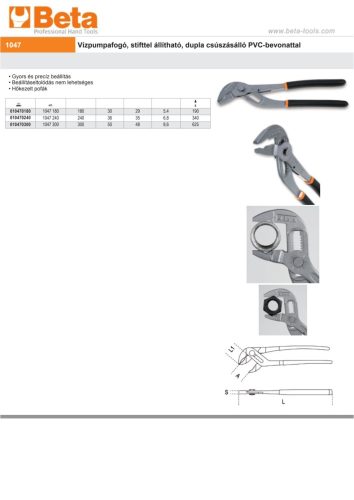 Beta 1047 180 Vízpumpafogó, stifttel állítható, dupla csúszásálló PVC-bevonattal