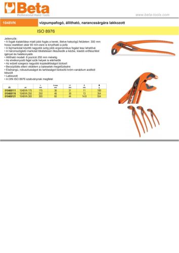 Beta 1048VN Vízpumpafogó, állítható, narancssárgára lakkozott 250mm
