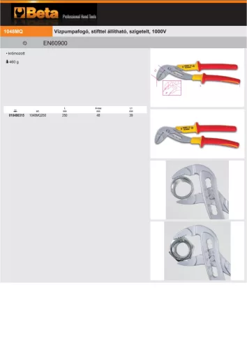 Beta 1048MQ 250 ​Vízpumpafogó, stifttel állítható, 250mm szigetelt, 1000V