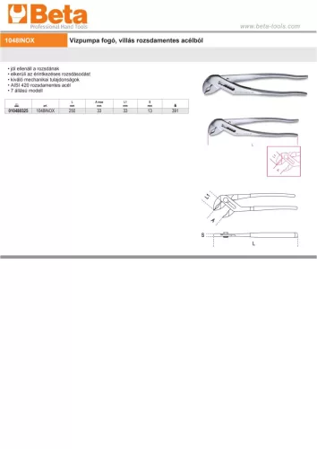 Beta 1048INOX ​Vízpumpa fogó, villás rozsdamentes acélból 250mm