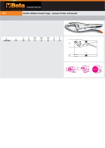 Beta 1051 Kettős állítású önzáró fogó, hosszú kivitel, krómozott 225mm