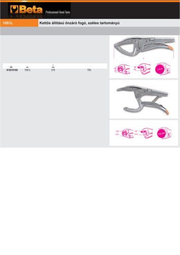 Beta 1051L Kettős állítású önzáró fogó, széles tartományú 270mm