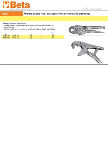 Beta 1055D Állítható önzáró fogó, anyacsavarokhoz és hengeres profilokhoz 195mm