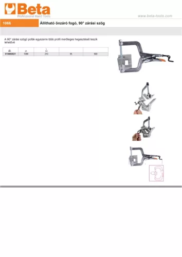 Beta 1066 Állítható önzáró fogó, 90° zárási szög 210mm