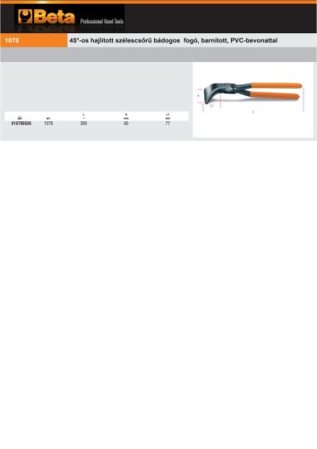 Beta 1078 280 45°-os hajlított szélescsőrű bádogos fogó, barnított, PVC-bevonattal 280mm