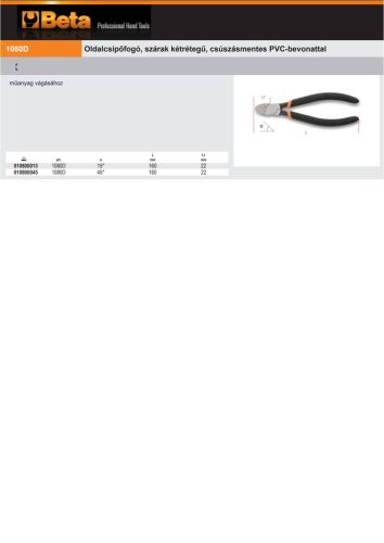 Beta 1080D 15 Oldalcsípőfogó, szárak kétrétegű, csúszásmentes PVC-bevonattal 15°
