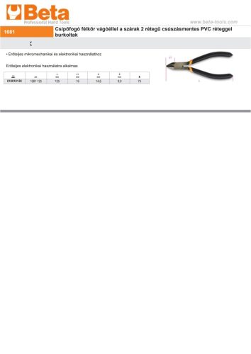 Beta 1081 Csípőfogó félkör vágóéllel, 2 rétegű csúszásmentes PVC burkolattal 125mm