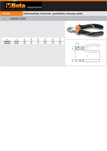 Beta 1082BM Oldalcsípőfogó, krómozott, gumibetétes műanyag nyéllel 140mm