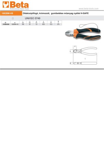 Beta 1082BMHS Oldalcsípőfogó, krómozott, gumibetétes műanyag nyéllel 160mm H-SAFE