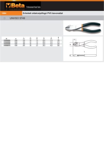 Beta 1084 Erősített oldalcsípőfogó PVC-bevonattal 160mm