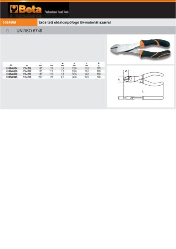 Beta 1084BM Erősített oldalcsípőfogó Bi-materiál szárral 160mm