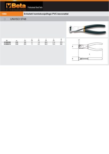 Beta 1088 Erősített homlokcsípőfogó PVC-bevonattal 160mm