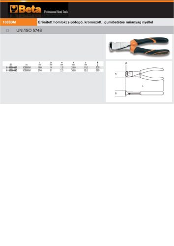 Beta 1088BM Erősített homlokcsípőfogó, krómozott, gumibetétes műanyag nyéllel 200mm