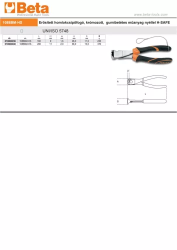 Beta 1088BMHS Erősített homlokcsípőfogó, krómozott, gumibetétes műanyag nyéllel H-SAFE 160mm