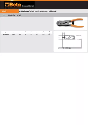 Beta 1094V Áttételes erősített oldalcsípőfogó, lakkozott 200mm