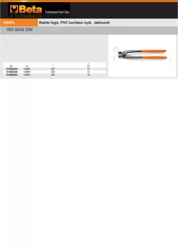 Beta 1098PL Rabitz fogó, PVC borítású nyél, lakkozott 250mm
