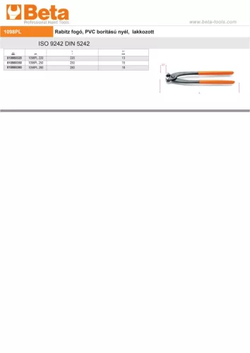 Beta 1098PL 220 Rabitz fogó, PVC borítású nyél, lakkozott