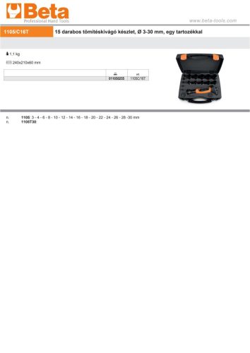 Beta 1105C/16T 15 darabos tömítéskivágó készlet, Ø 3-30 mm, egy tartozékkal