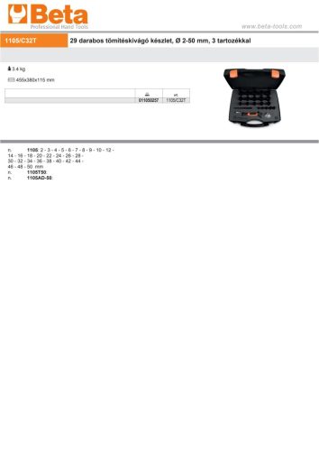 Beta 1105C/32T 29 darabos tömítéskivágó készlet, Ø 2-50 mm, 3 tartozékkal