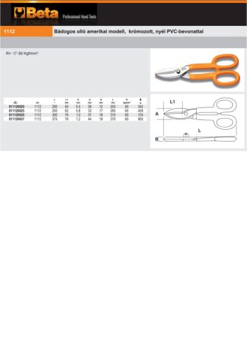 Beta 1112 Bádogos olló amerikai modell, krómozott, nyél PVC-bevonattal 200mm
