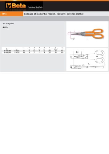 Beta 1114 Bádogos olló amerikai modell, keskeny, egyenes élekkel  350mm