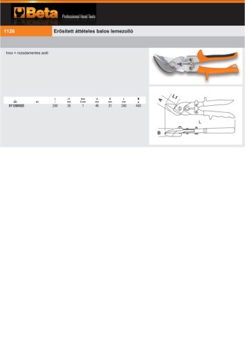 Beta 1126 Erősített áttételes balos lemezolló 250mm