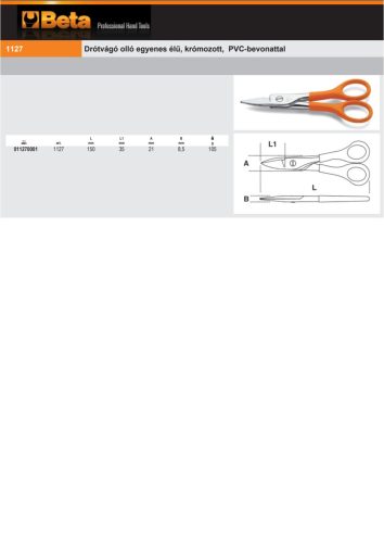 Beta 1127 Drótvágó olló egyenes élű, krómozott, PVC-bevonattal 150mm
