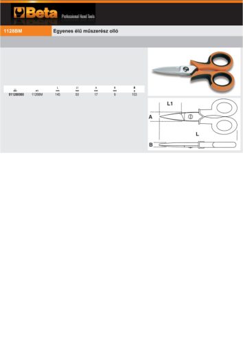 Beta 1128BM Egyenes élű műszerész olló 145mm