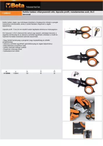 Beta 1128BAX Kettős hatású villanyszerelő olló, lépcsős profil, rozsdamentes acél, DLC bevonat 150mm