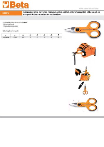 Beta 1128FX Műszerész olló, egyenes rozsdamentes acél él, mikrofogazattal, kábelvágó és krimpelő kábelsarukhoz és csövekhez 145mm