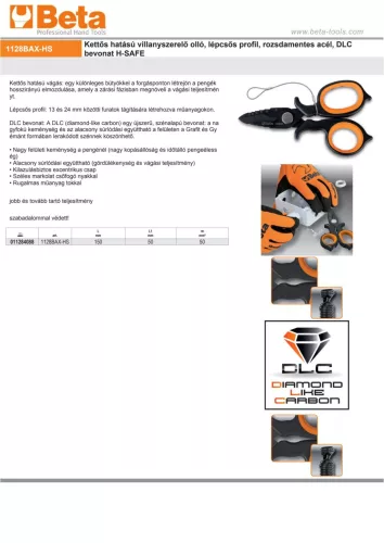 Beta 1128BAXHS Kettős hatású villanyszerelő olló, lépcsős profil, rozsdamentes acél, DLC bevonat 150mm H-SAFE