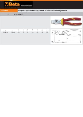 Beta 1132MQ 230 Szigetelt nyelű kábelvágó, réz és alumínium kábel vágásához 230mm