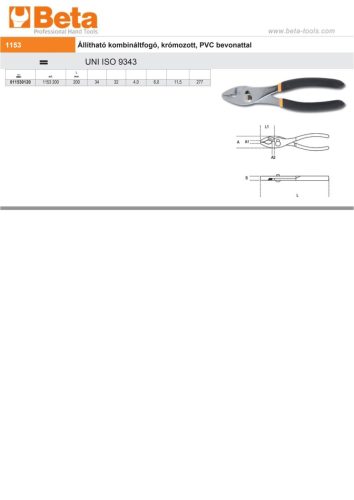 Beta 1153 Állítható kombinált fogó, krómozott, PVC bevonattal 200mm