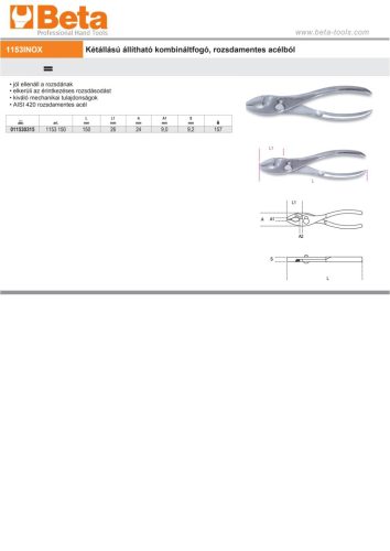 Beta 1153INOX Két állású, állítható csipesz, rozsdamentes acélból 150mm