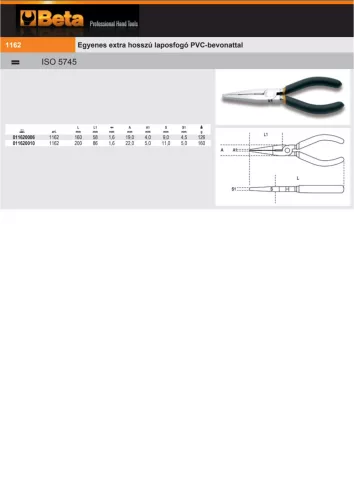 Beta 1162 Egyenes extra hosszú laposfogó PVC-bevonattal 200mm