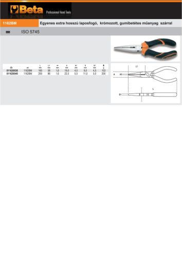 Beta 1162BM Egyenes extra hosszú laposfogó, krómozott, gumibetétes műanyag szárral 160mm