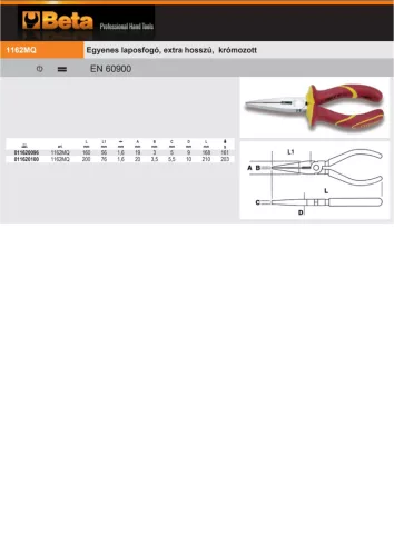Beta 1162MQ Egyenes laposfogó, extra hosszú, krómozott 160mm