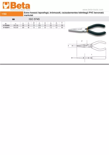 Beta 1162 200 Egyenes extra hosszú laposfogó PVC-bevonattal